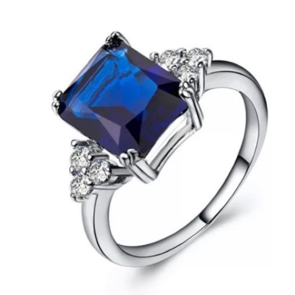 Blue Sapphire & Princess Cut Sterling Silver Ring - Picture 3 of 5